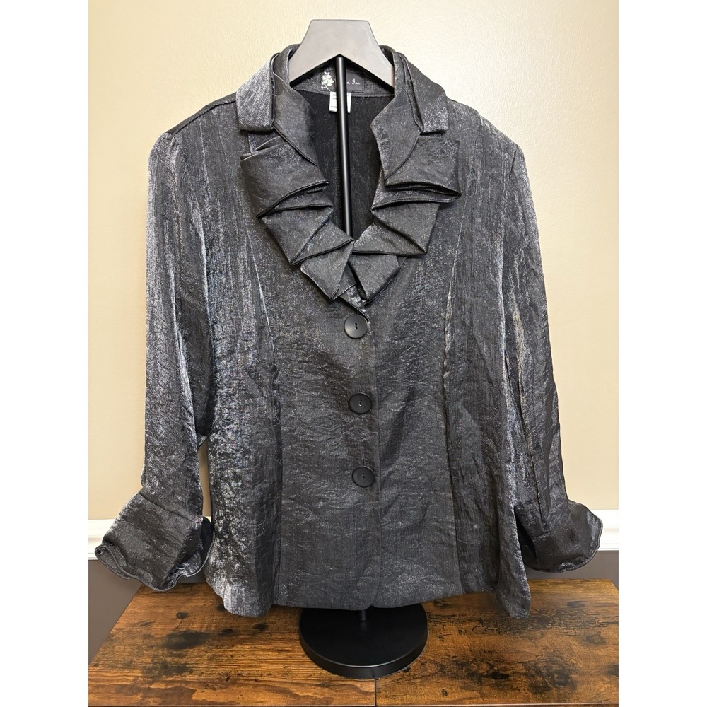 Damee Gray Shimmer Button up Wired Cuff Ruffle Collar Jacket Cocktail Holiday L